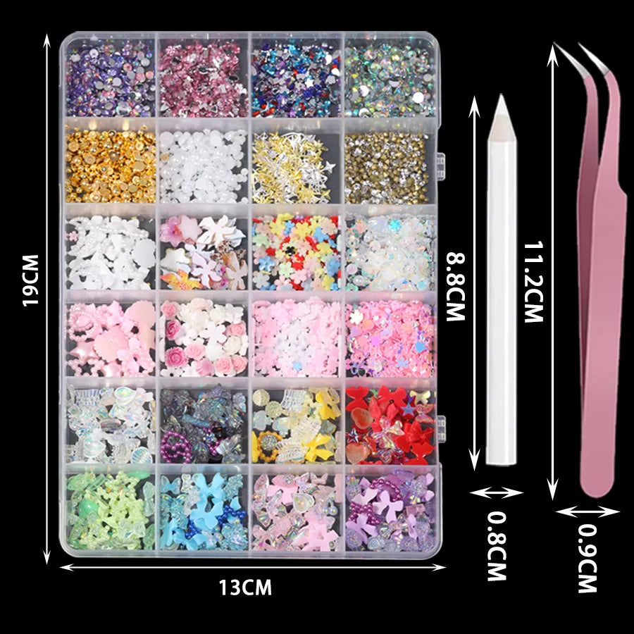 24 Grid Resin Nail Art Mixed Charms Flowers Butterfly Heart Pearl DIY