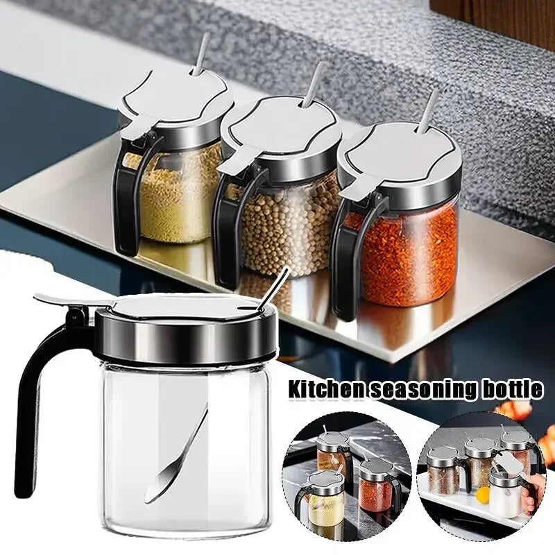 300ml Glass Seasoning Jar Stainless Steel Lid With Spoon Condiment Bottle Salt Shaker Kitchen Supplies Storage Set Spice Boxes Y Zpaxo