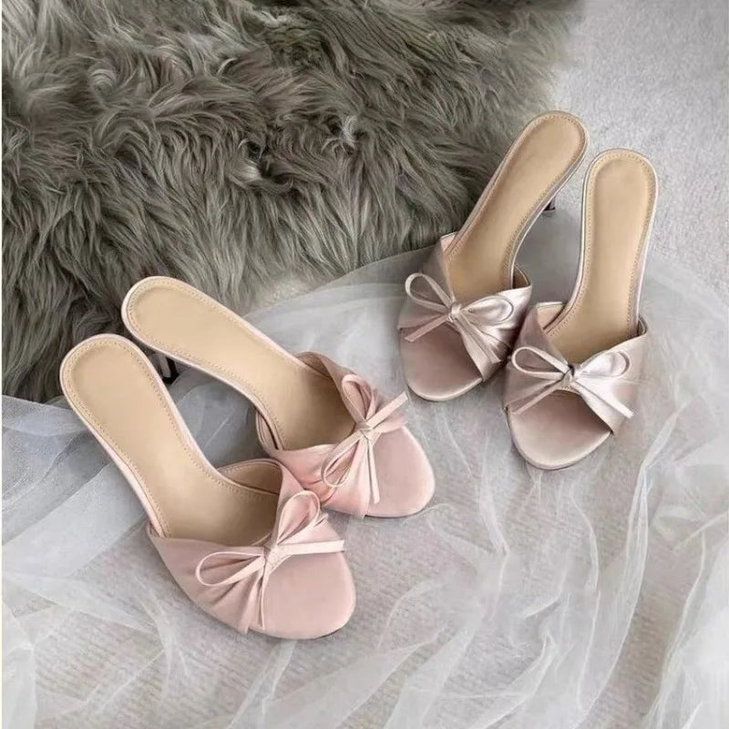 Women's Satin Bow Slippers 2026 Summer Open Toe Women Stiletto Heel