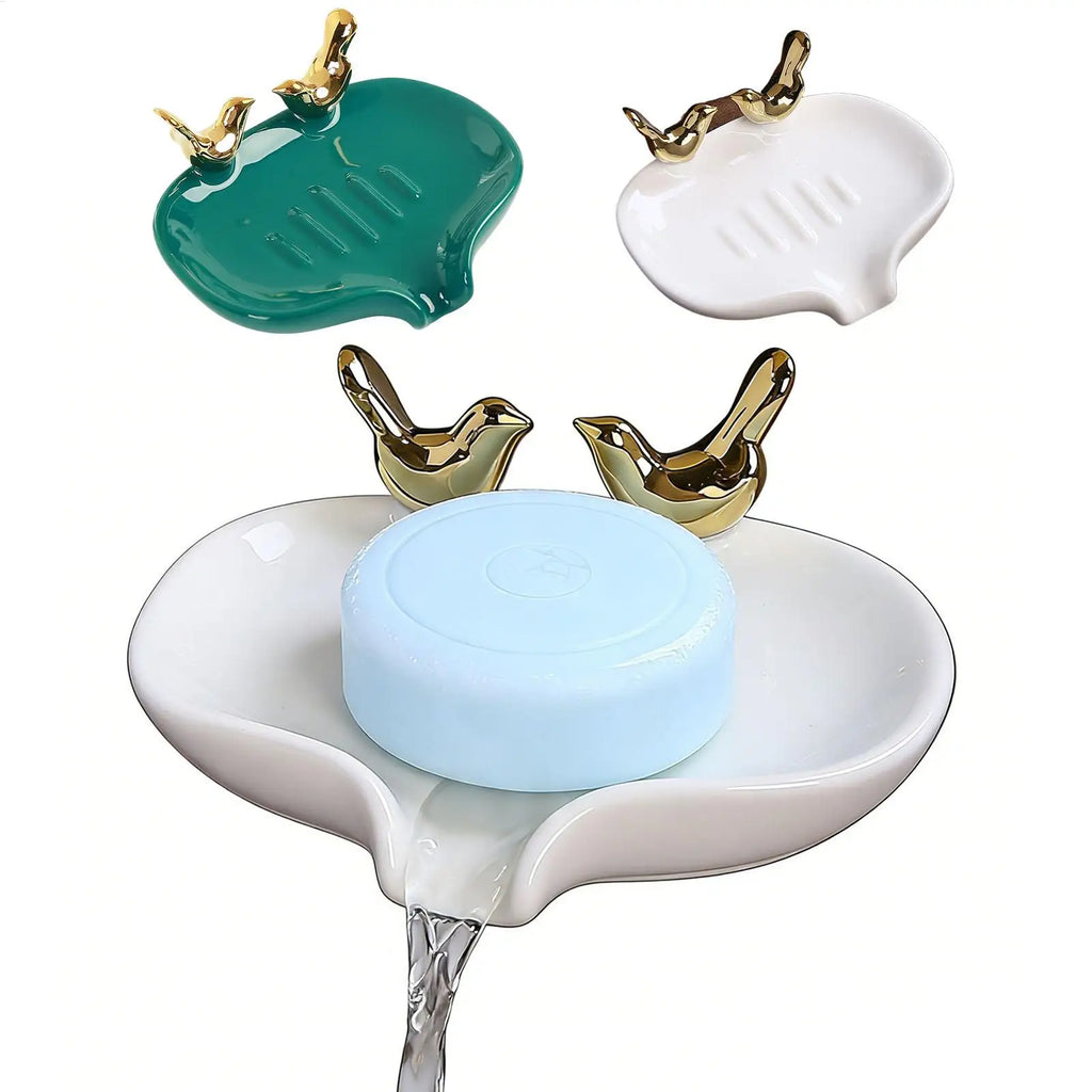 Bird Design Ceramic Soap Dish Self Draining Holder Modern Sink Tray