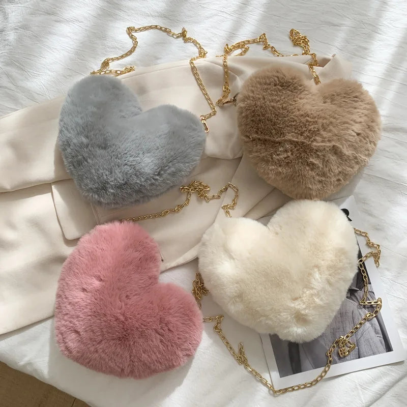 Fashion Women's Heart Shaped Handbags Cute Kawaii Faux Fur Crossbody