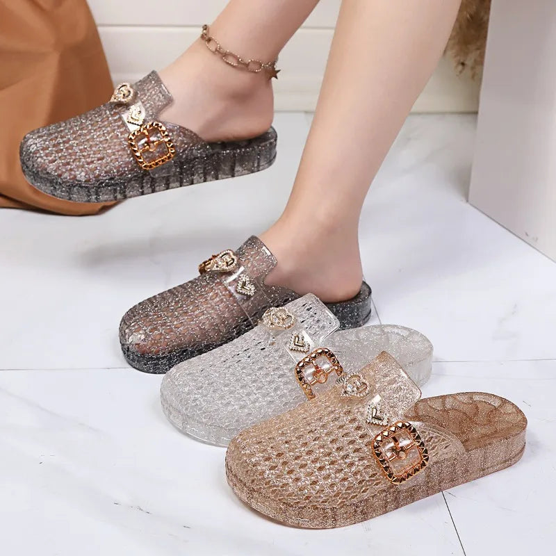 2026 Summer Women's Flat Transparent Closed Toe Slippers Hollow Out Zpaxo