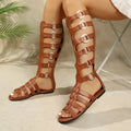Women's Summer Knee Cool Boots Sexy Open Toe Hollow Out Fashion Flats Zpaxo Brown 36