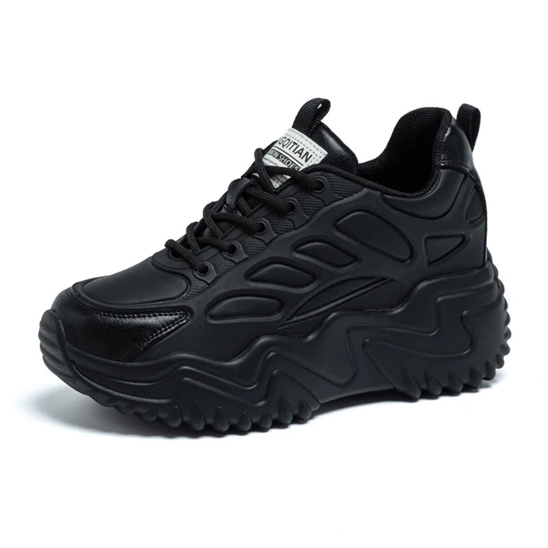 Black Leather Chunky Dad Sneakers Women Lace Up Design Round Toe Non Zpaxo 2857 Black 36 China Mainland