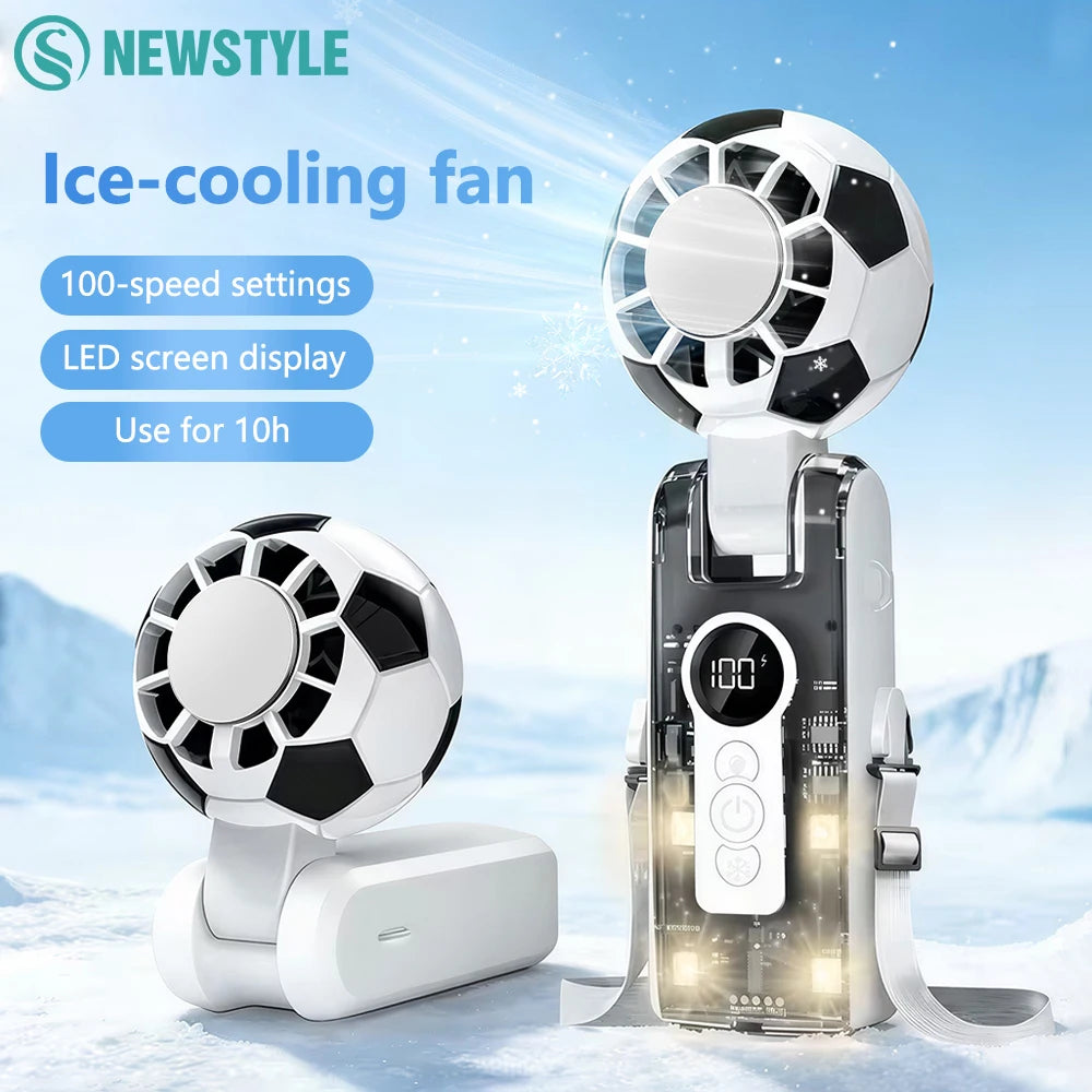 Handheld Portable Turbo Fan with Ice Cooling LED Display Football-inspired Transparent Mecha-style 3600mAh Rechargeable Mini Fan Zpaxo