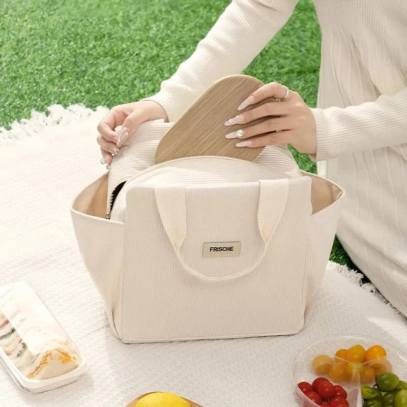 Corduroy Insulated Lunch Bag Portable Box Office Workers Students