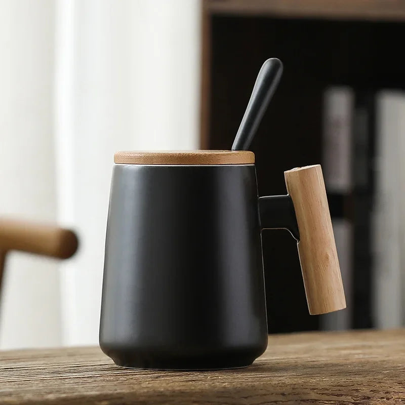Hot Vintage Hot Selling Wooden Handle Ceramic Cup, Creative Mug, Cultural and Creative Coffee Cup with Lid Spoon Zpaxo 480ml black