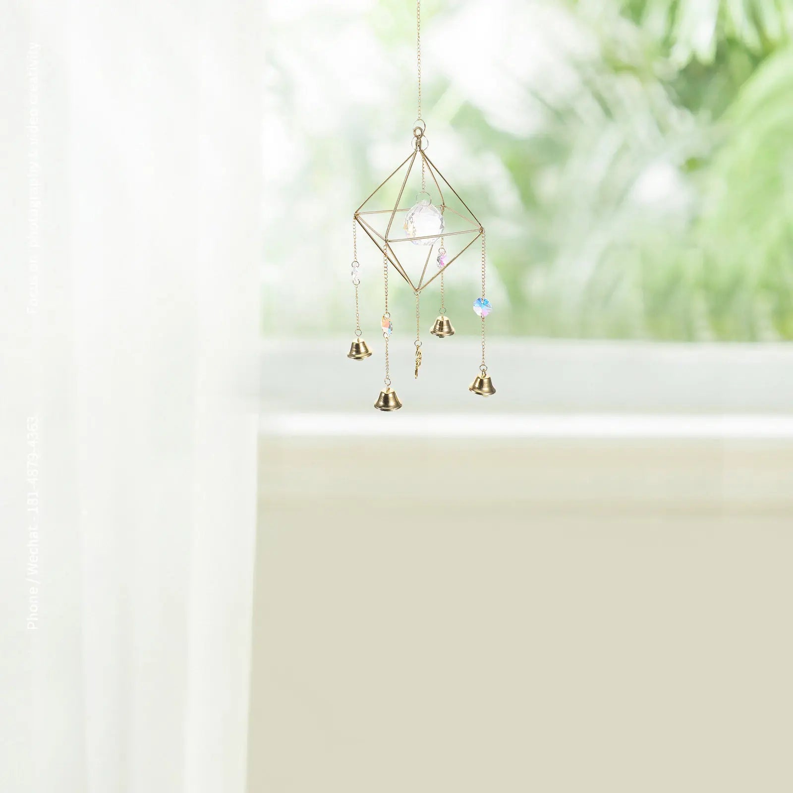 Golden Metal Bell Wind Chime Crystal Suncatcher Pendant Clear Melodic