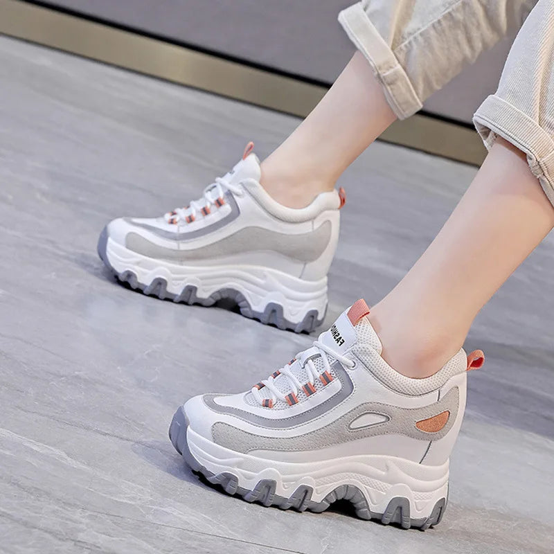 Tone Platform Wedge Sneakers Women Lace Up Design Round Toe Non Slip Zpaxo