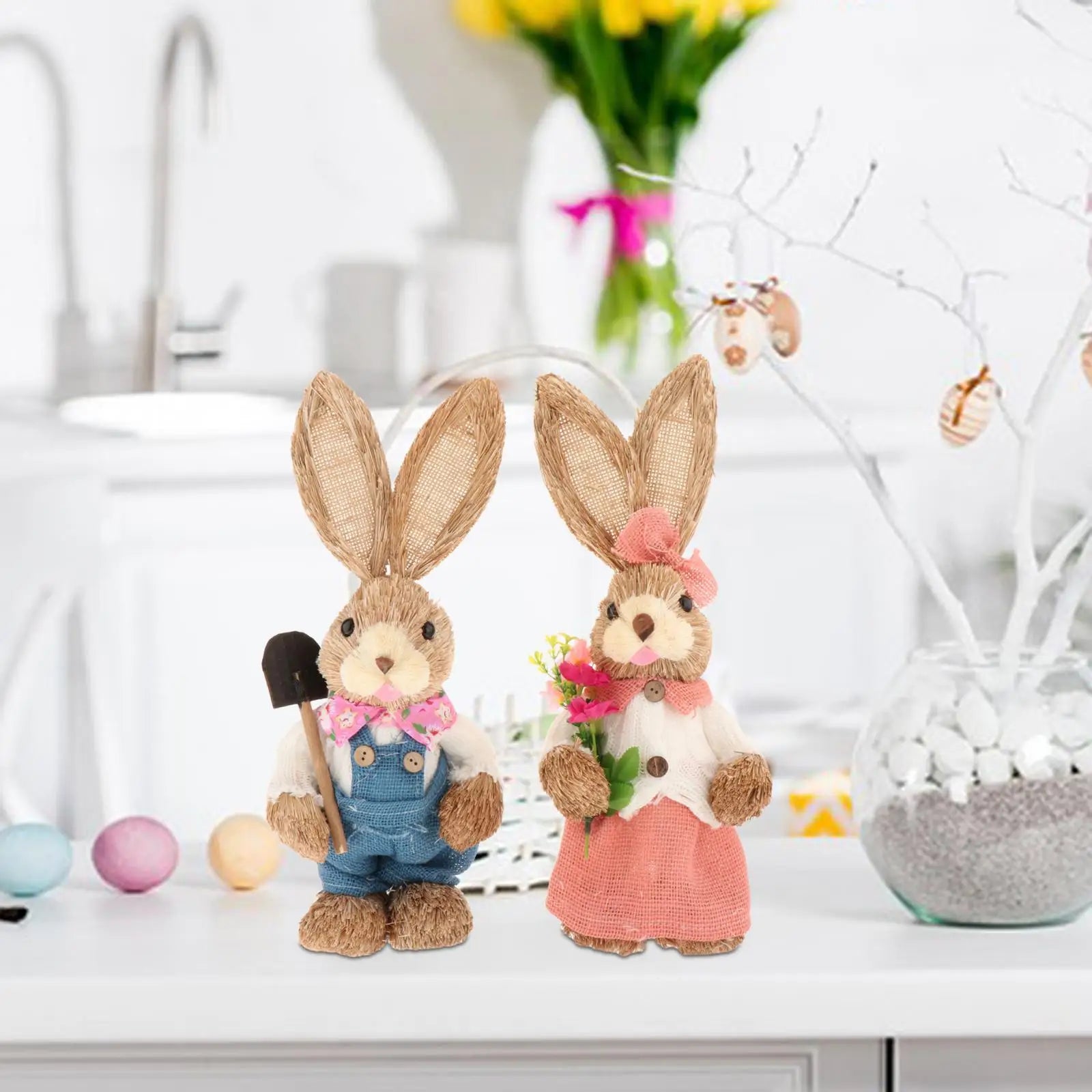 2x Artificial Straw Rabbit Souvenir Bunny Figurine Easter Straw Bunny Ornaments for Easter Holiday Party Household Decoration Zpaxo style C