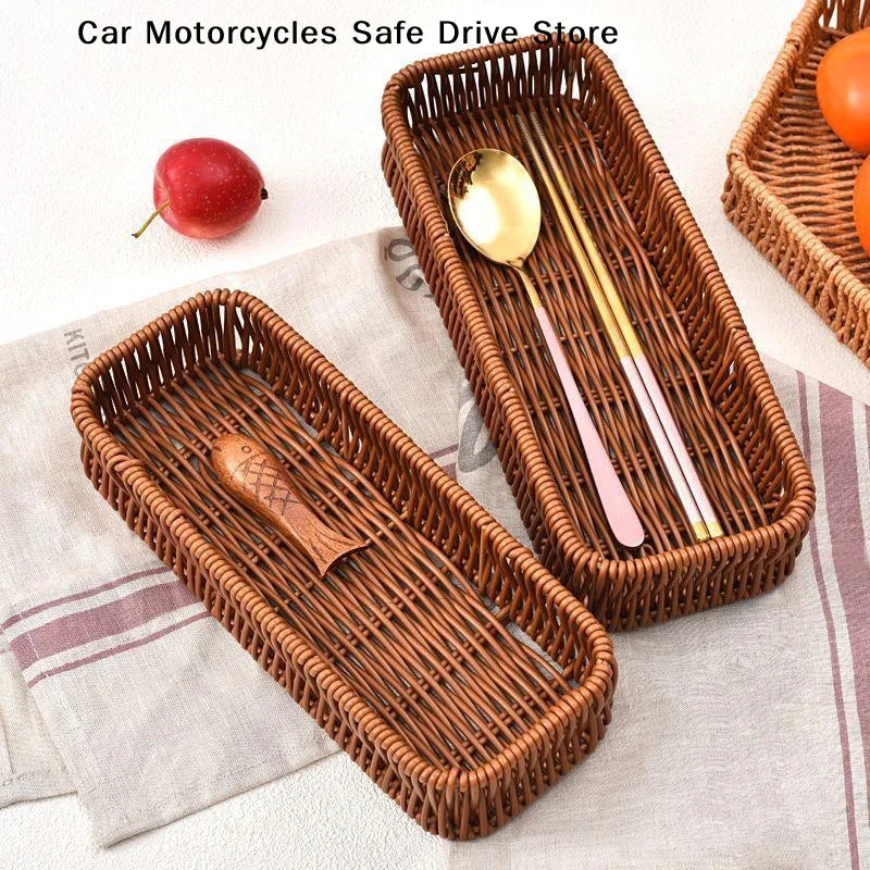 MHandwoven Faux Rattan Storage Tray Waterproof Sturdy Kitchen Cutlery