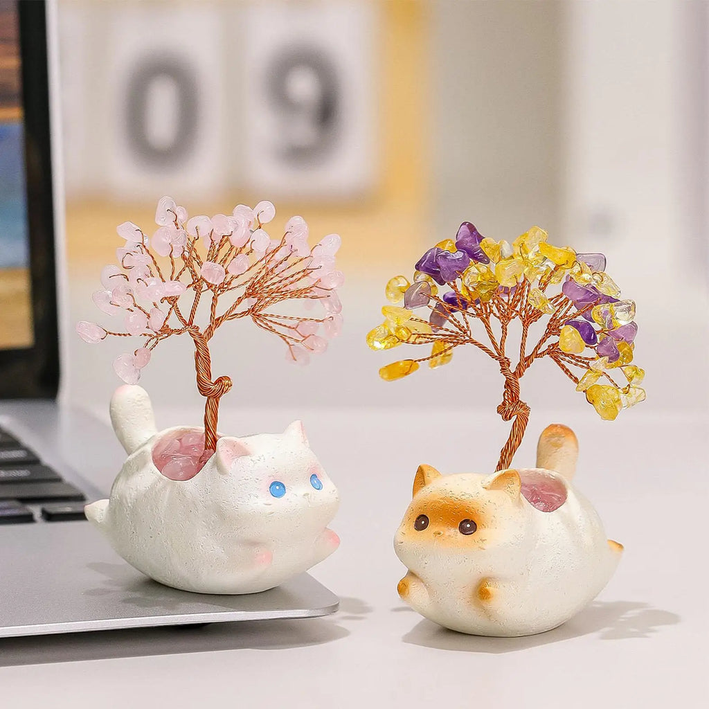 Citrine Crystal Money Tree Cute Kitten Statue Cat Decoration Desk Car