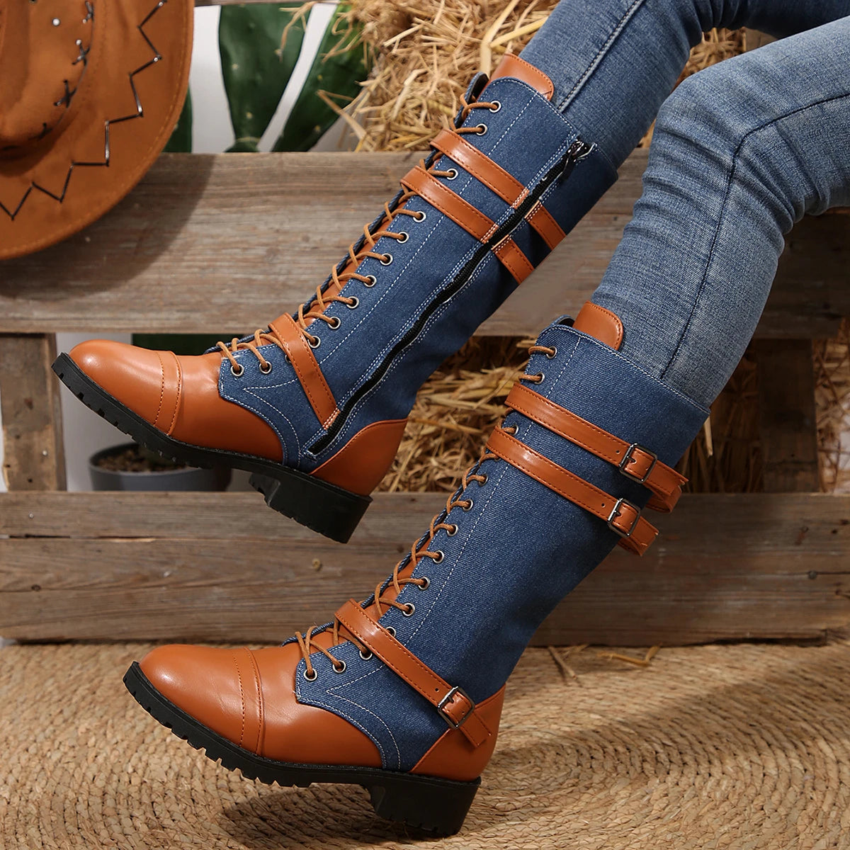 2025 New Women Ankle Boots Winter Autumn Platform Gothic Punk Shoes for Women Combat Knee High Long Boots Women Zapatos De Mujer Zpaxo Blue 35