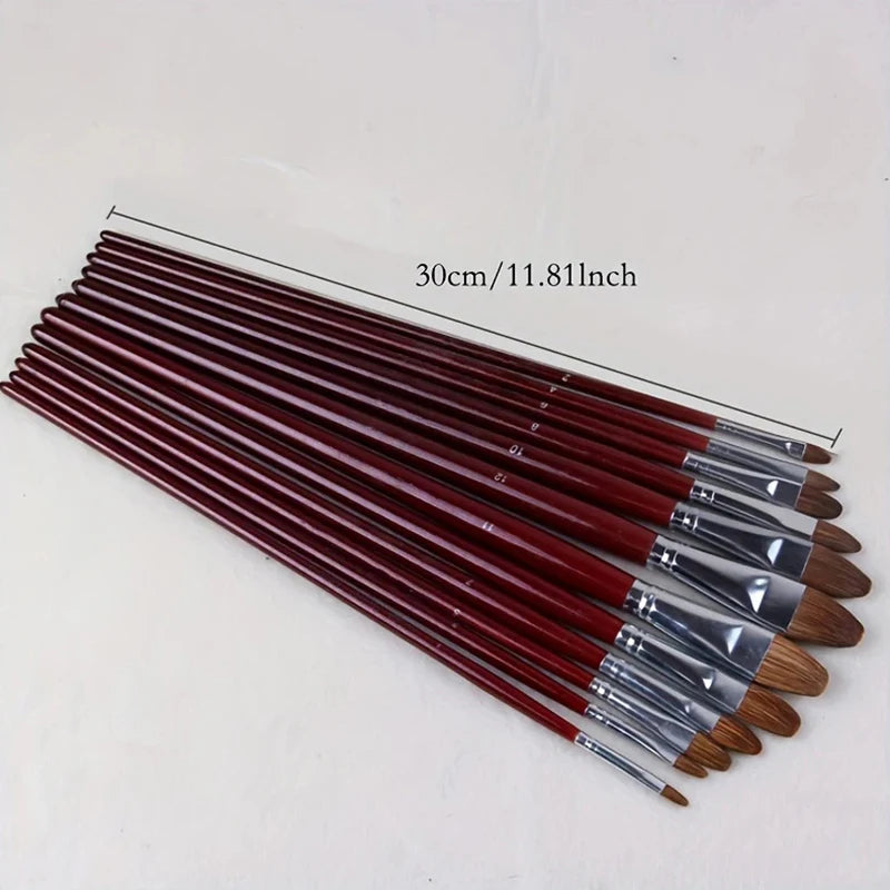 12pcs/Set High-grade Weasel Hair Oil Painting Brush Hazel Shap Row Pen Long Birch Rod Acrylic Drawing Art Supplies Artist Supply Zpaxo 12pcsset