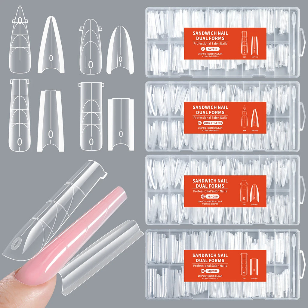 256Pcs/Box Nail Sandwich Dual Form Nail Tips Quickly Building Gel Form Nail System Full Cover Tips Nail Extension Form Zpaxo