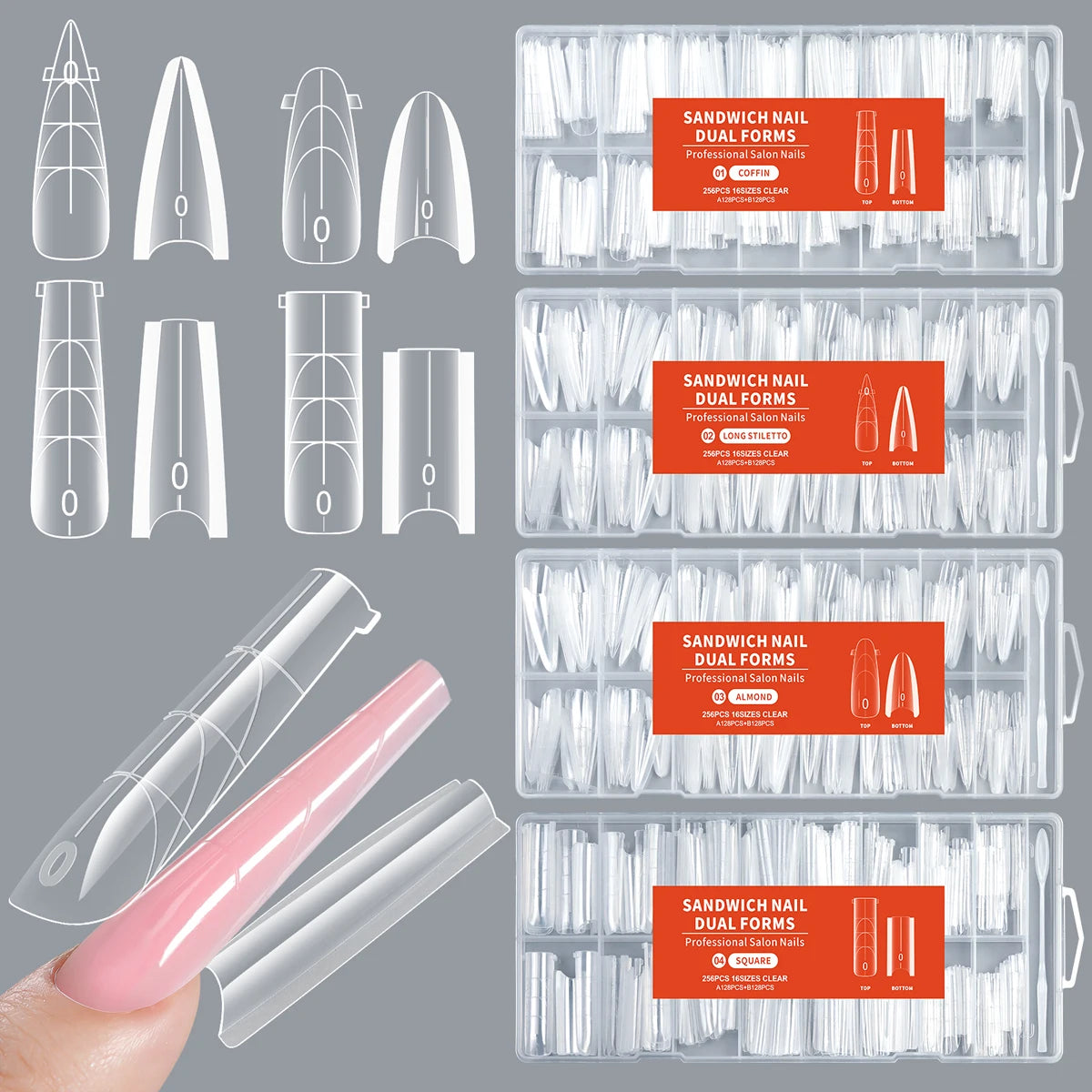 256Pcs/Box Nail Sandwich Dual Form Nail Tips Quickly Building Gel Form Nail System Full Cover Tips Nail Extension Form Zpaxo