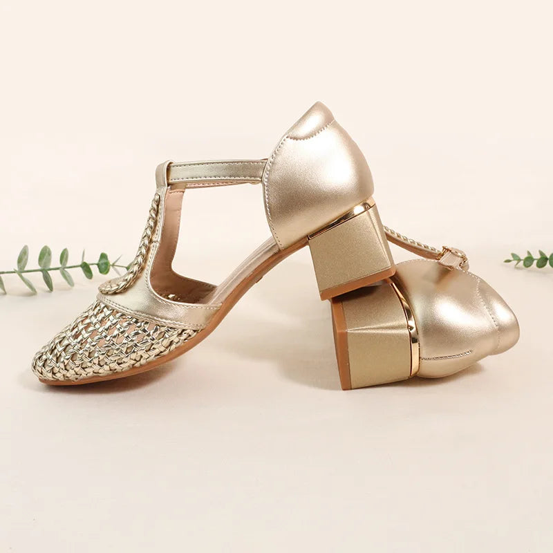 Silver Metallic Woven Hollow Out Sandals T-strap Buckle Closure Round Zpaxo