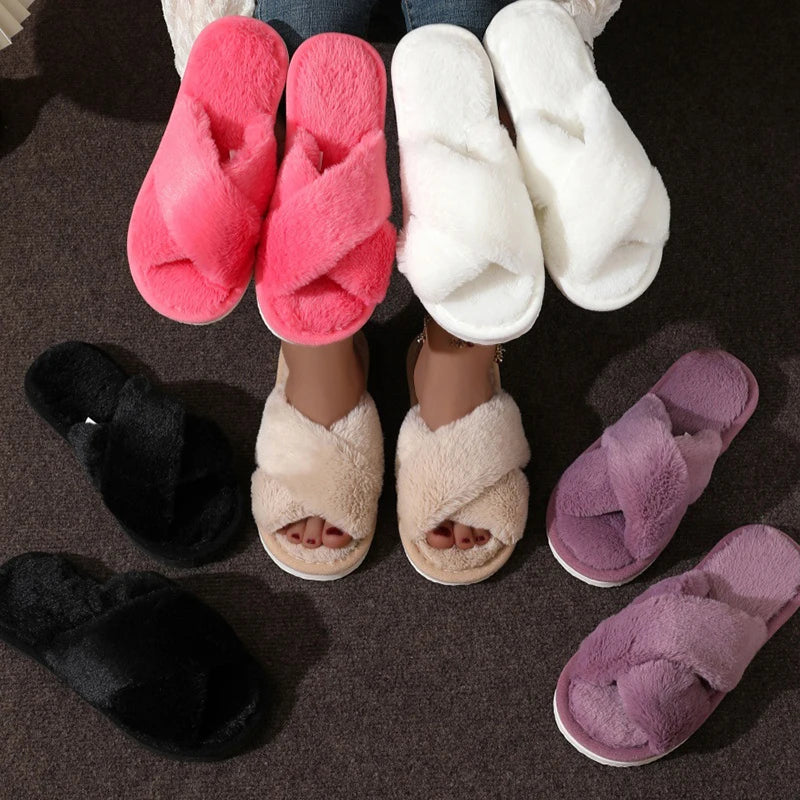 Fashion Women Fluffy Slippers Cross Band Soft Plush Cozy House Shoes