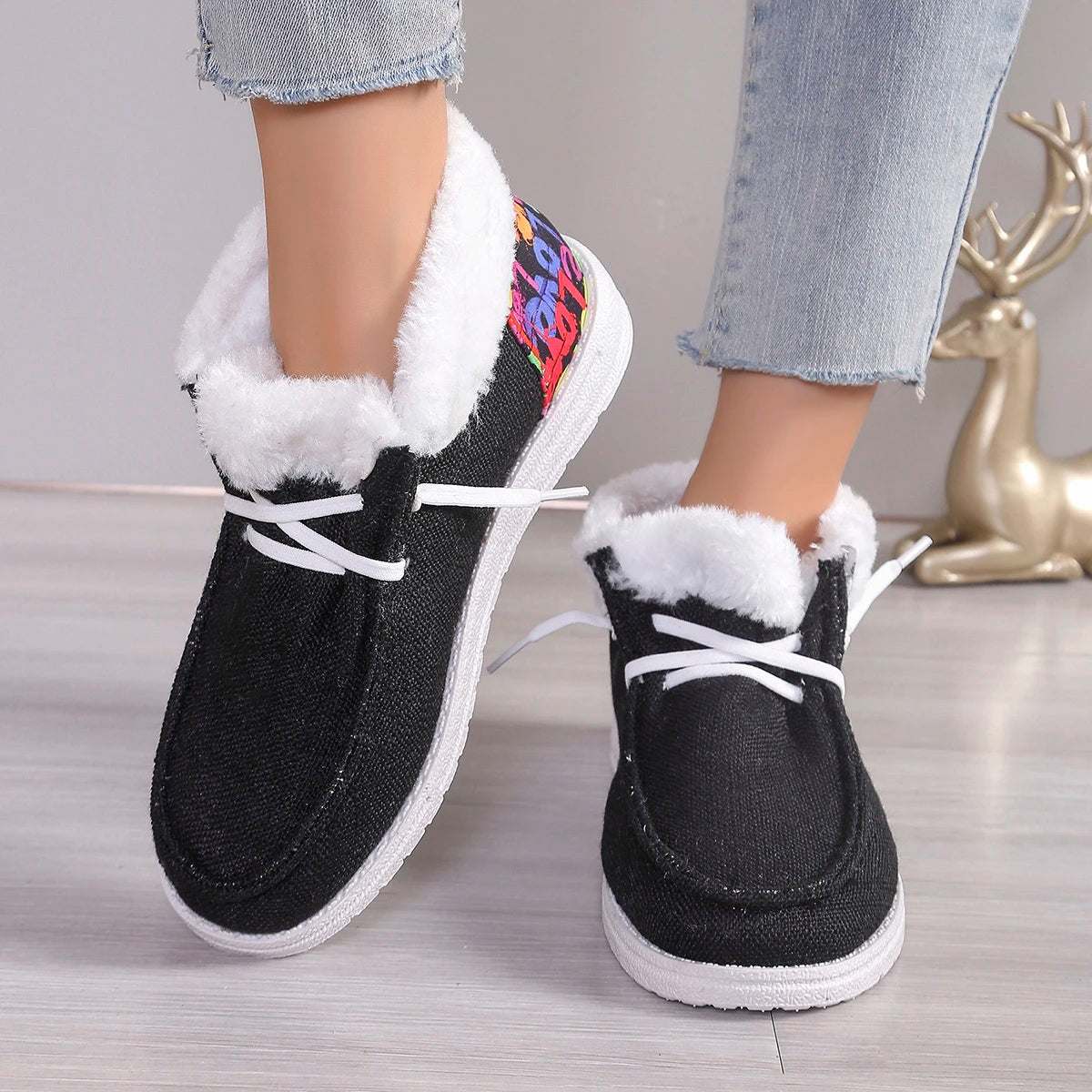 Retro Comfortable Women Plush Lined Snow Boots Sunflower Shoes Print Cozy Slip on Shoes Fuzzy Canvas Shoes Thermal Ankle Boots Zpaxo