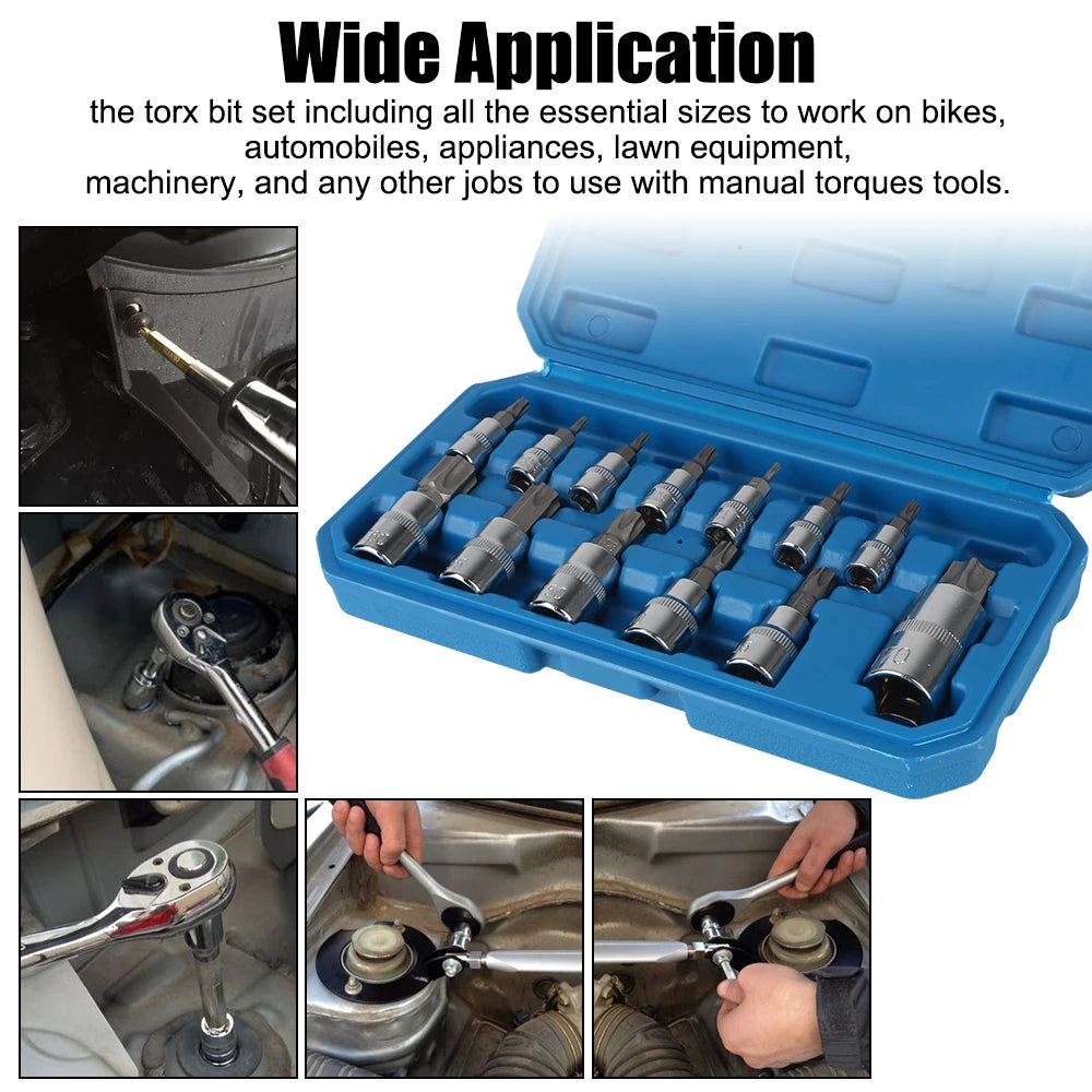 Torx Bit Socket Set For Ratchet Torque Spanner Car Removal Tools 1/4" 3/8" 1/2" Drive Socket Wrench Tools 13 Pcs T8-T70 Zpaxo
