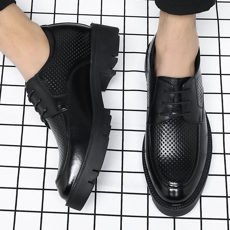 Mens Black Perforated Leather Dress Shoes Thick Lug Sole Lace Up Zpaxo