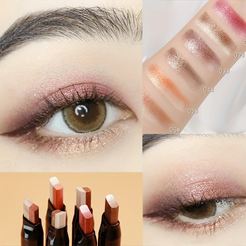 2-in-1 Highlight Glitters Eyeshadow Stick Double-ended 2-color Glitters Pearlescent Earth Brown Tone Not Smudged Eye Makeup Zpaxo