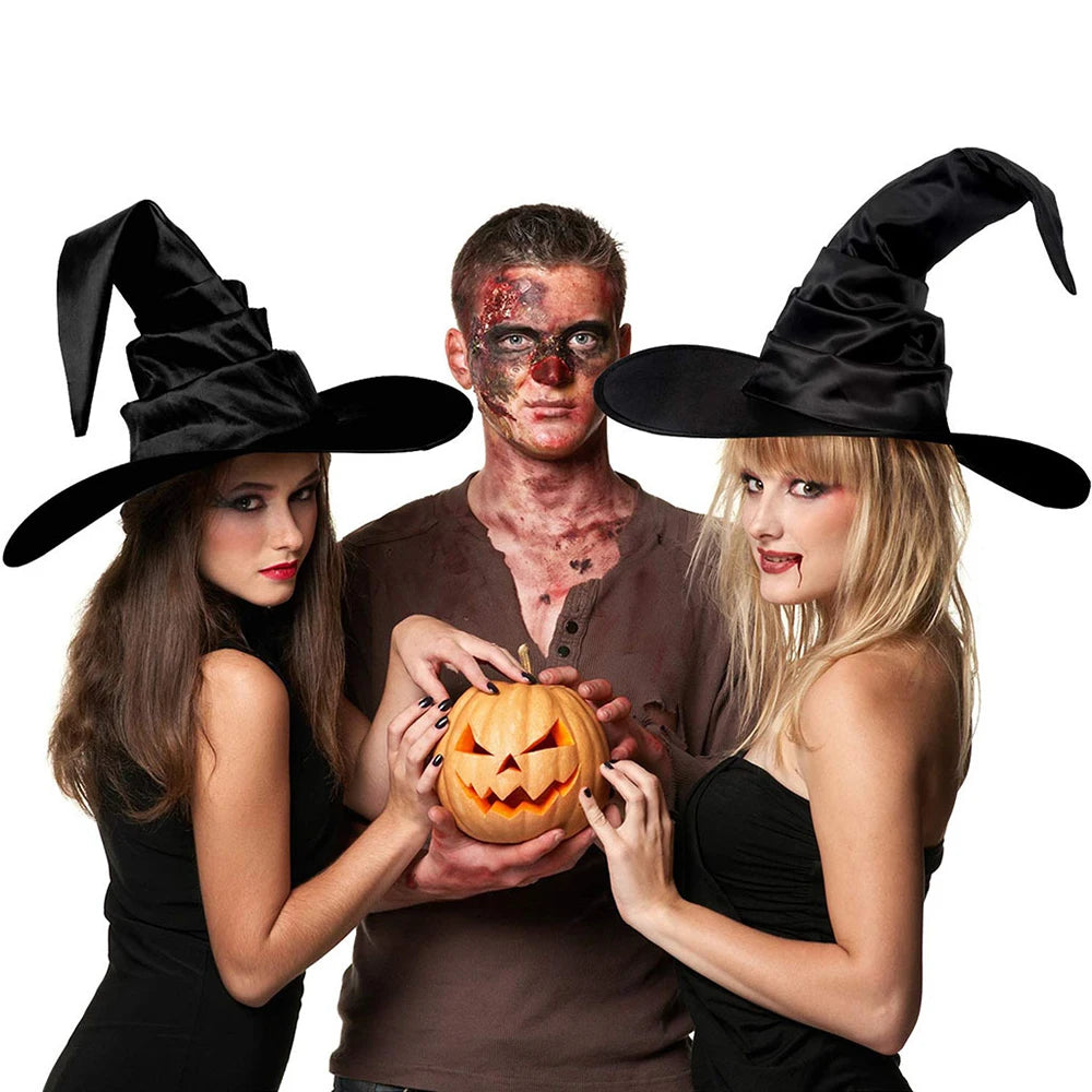 Halloween Witch Hat Black Folds Wizard Hats Women Men Masquerade