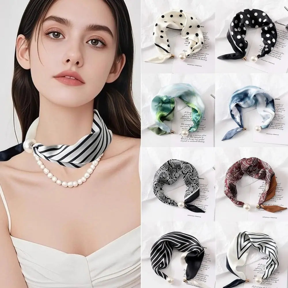 Fashion Pearl Buckle Silk Scarf Thin Printed Neck Scarf Lightweight Soft Neckerchief Women Zpaxo