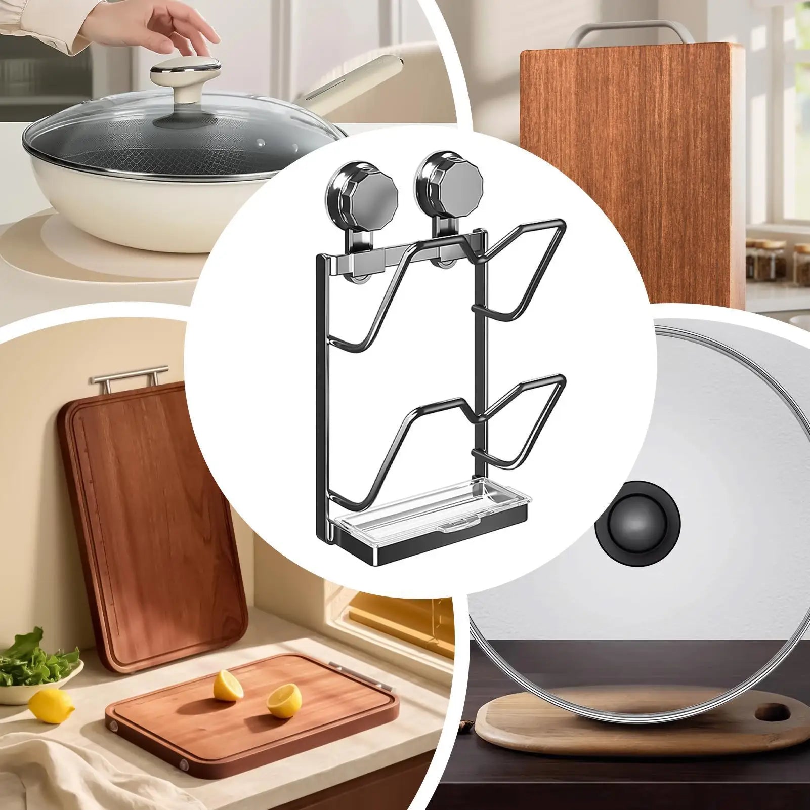 Suction Cup Pot Lid Holder Wall Kitchen Gadget Rack Organizer Cabinet