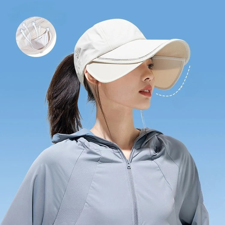 Summer sun protection hat for women enlarged widened brim outdoor sports cover full face empty top duckbill hat tied ponytail Zpaxo beige