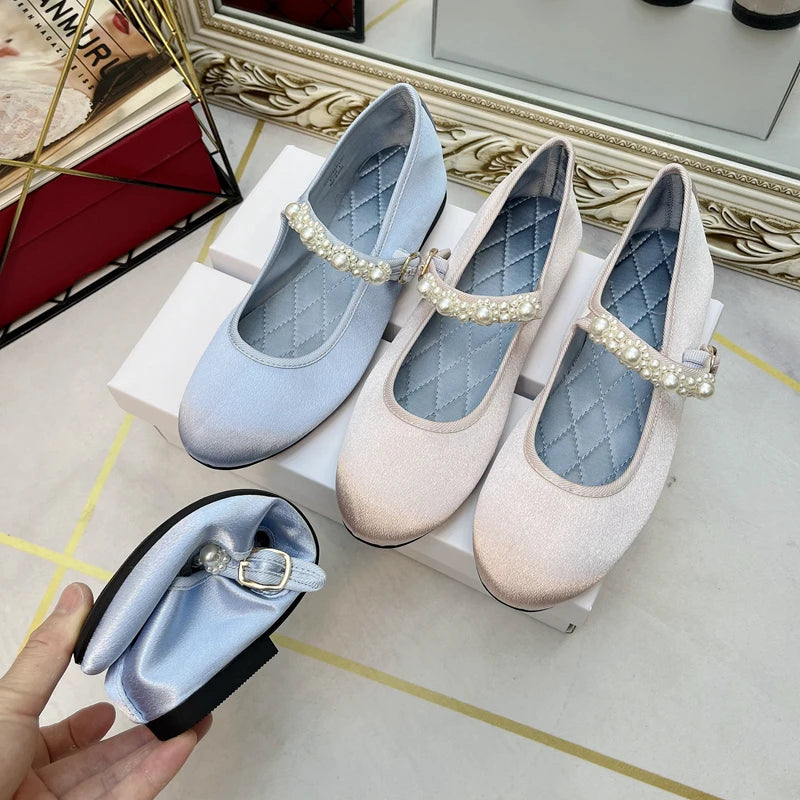 Flat Shoes for Women New Pearl Silk Satin Face Mary Jane Flat Bottom Round Toe Shallow Mouth Breathable Casual Single Shoe Girl Zpaxo