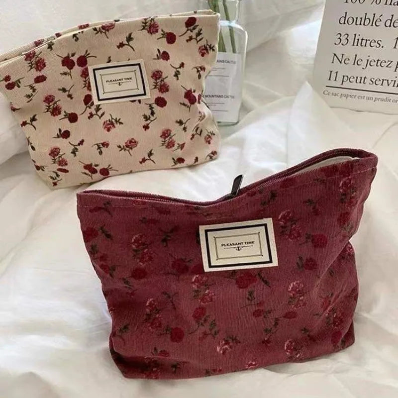 Korean Embroidery Floral Cosmetic Bag – Corduroy Makeup Pouch Travel Cosmetic Bag Zpaxo