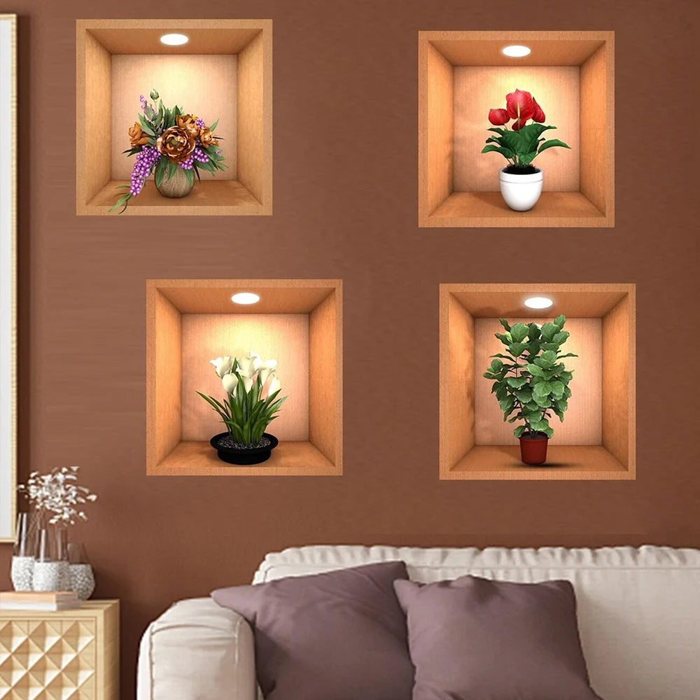 4Pcs 3D Plant Wall Stickers Floral Pattern Green Plants PVC Wall Sticker for Home Art Room Bedroom Background Decoration Zpaxo