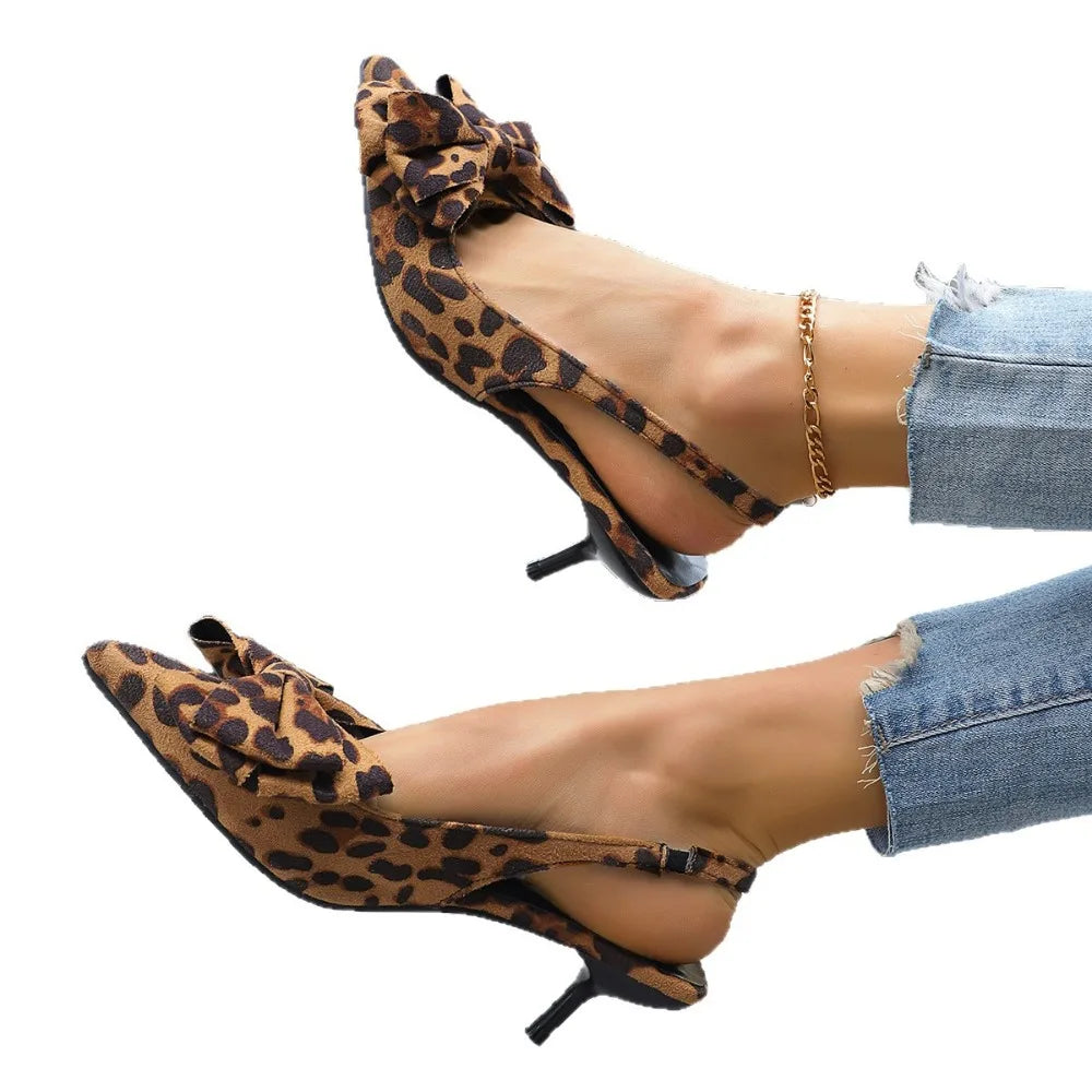 Women Kitten Heels Slingbacks Sandals Leopard Big Bow Leather Pointed