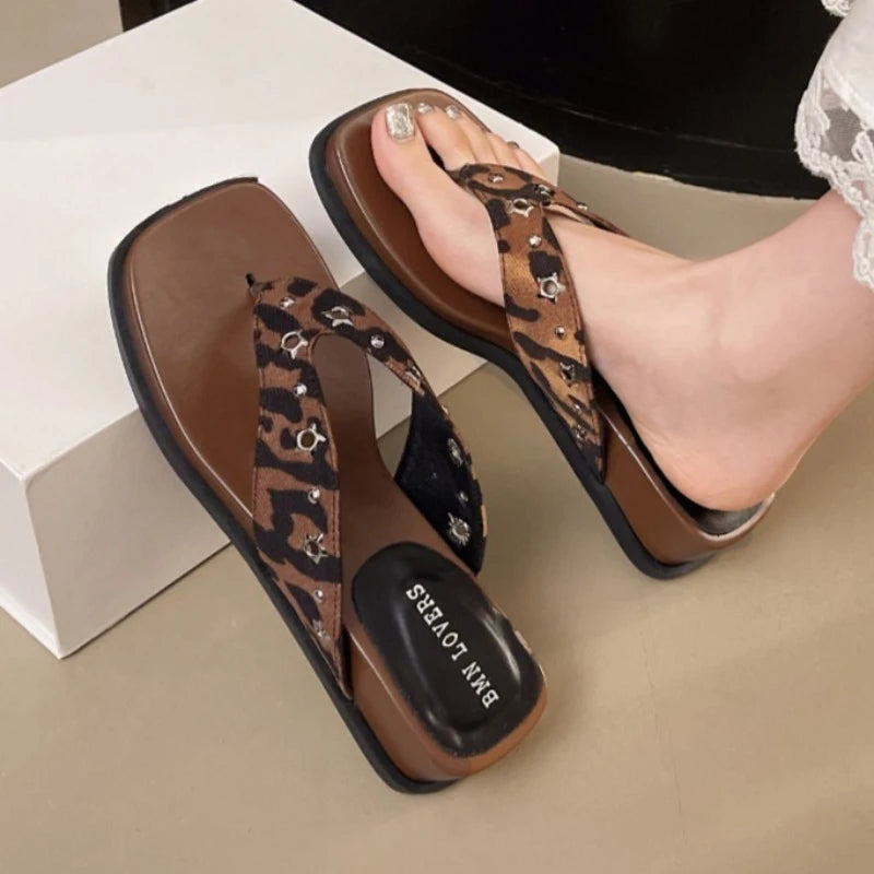 Women's Square Clip-toe Vintage Comfortable Lace Wedge Heel Slippers Zpaxo leopard print 37