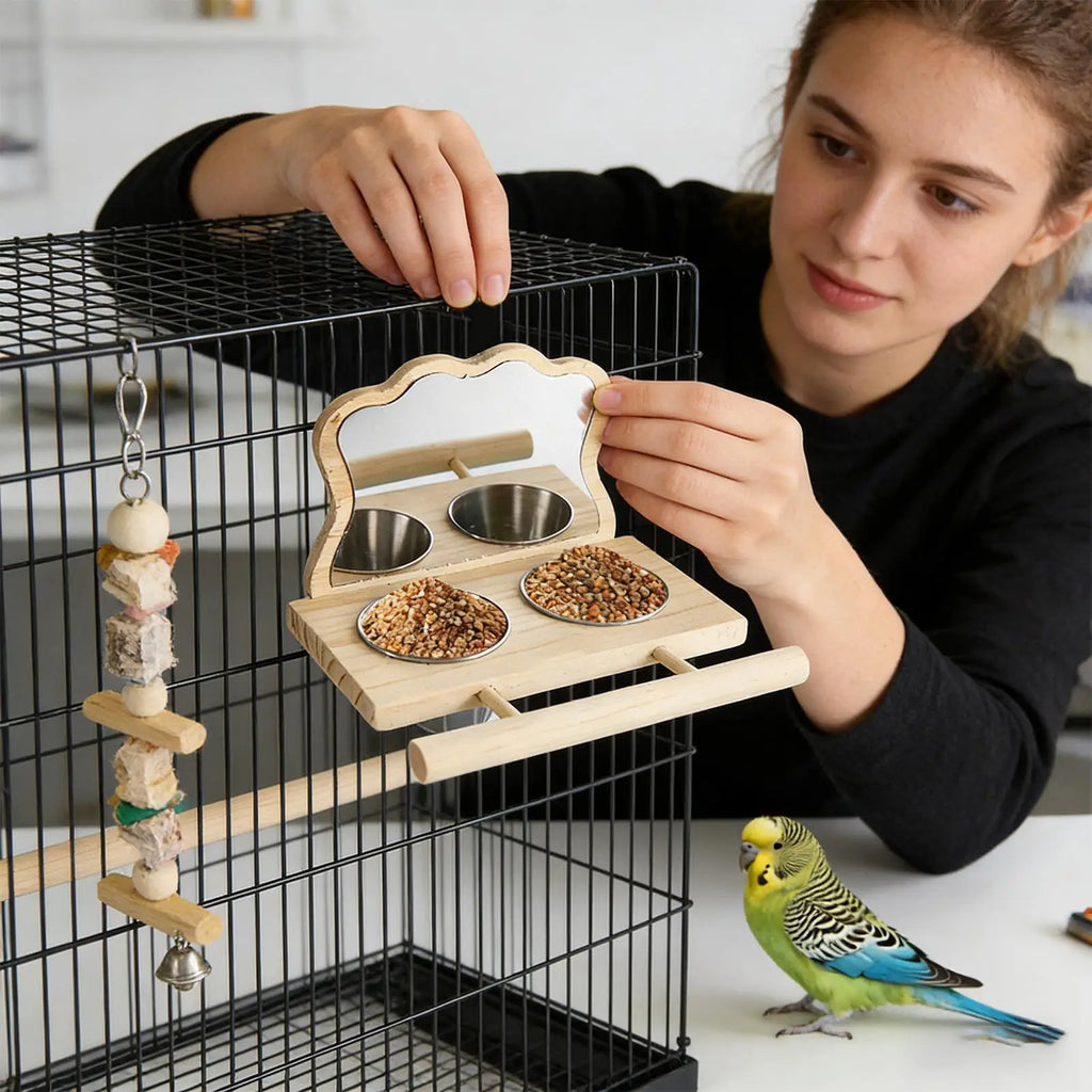 Bird Perch with Feeder Cage Accessories Bird Play Toy Parakeet Food Water Feeder Perch with Mirror for Parrots Parakeets Conures Zpaxo