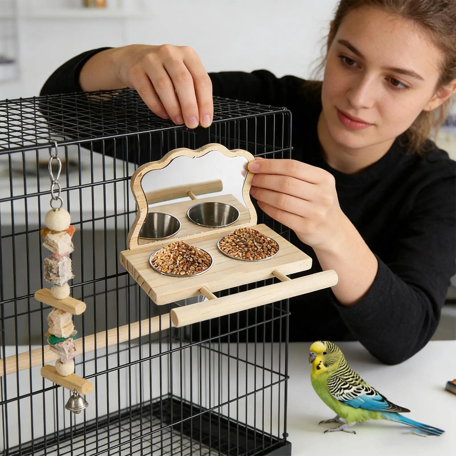 Bird Perch with Feeder Cage Accessories Bird Play Toy Parakeet Food Water Feeder Perch with Mirror for Parrots Parakeets Conures Zpaxo