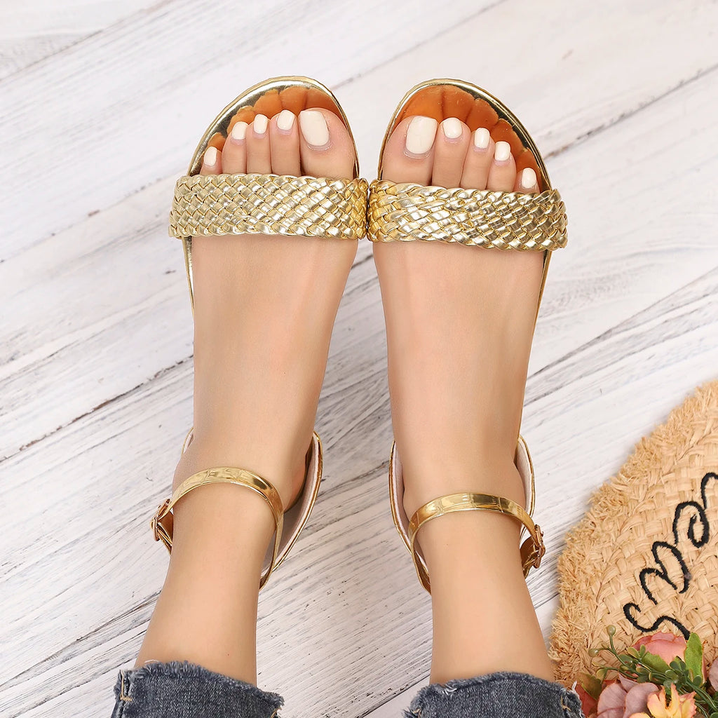 Women Sandals 2026 New Woven Band Thick Heel Shoes for Women Plus Size Ankle Buckle Casual Shoes Woman Comfy High Heels Sandals Zpaxo