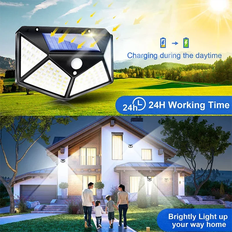 100 LED Solar Wall Light Outdoor PIR Motion Sensor Garden Lamp