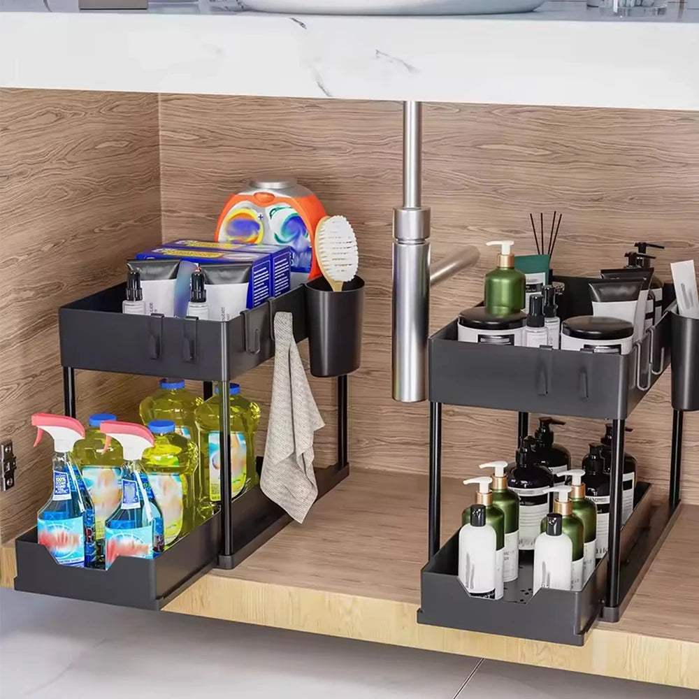 Under Sink Organizer Storage With Hooks 2-Tier Sliding Cabinet Basket Organizer Pull Out Sliding Drawer for Bathroom Kitchen Zpaxo