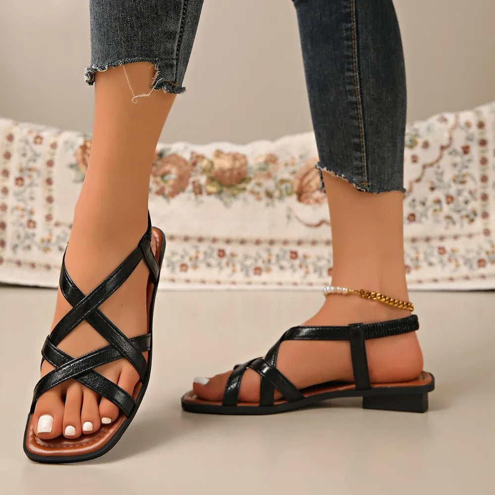 Block Heel Sandals Women's Fashion Square Toe Open Cross Slim Strap