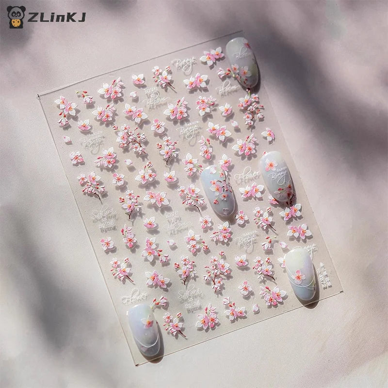 ▶1Sheet 5D Soft Relief Sakura Nail Stickers Nail Art Decoration Nail Decals Self-adhesive Flowers Sticker Press On Nails Sticker Zpaxo