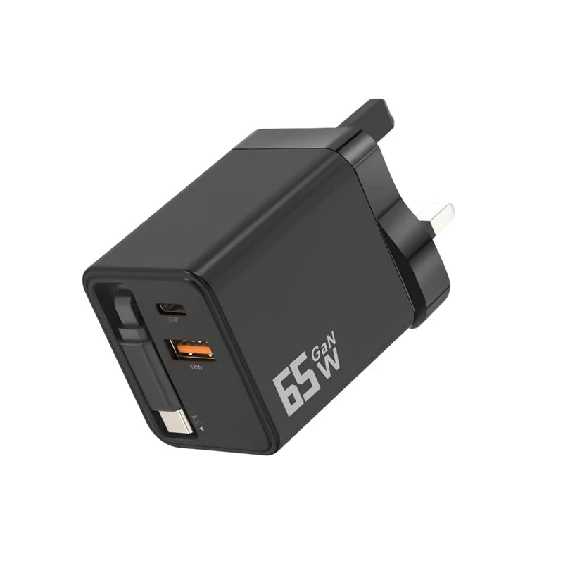 3IN1 65W Gan PD USB-C Charging Head Fast Charger Built-in Typec Cable