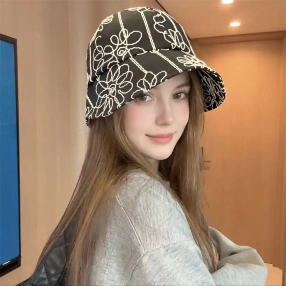 Fashion Retro Women's Bucket Hat Flower Embroidery Korean Style Sun Hat Casual Versatile Sweet Spicy British Hat For Lady Girl Zpaxo