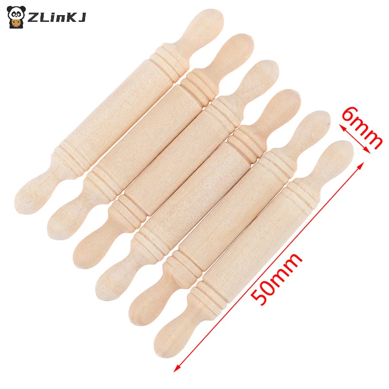 ▶6pcs/set 1:12 Dollhouse Miniatures Wood Rolling Pin Model Kitchen Accessories Zpaxo