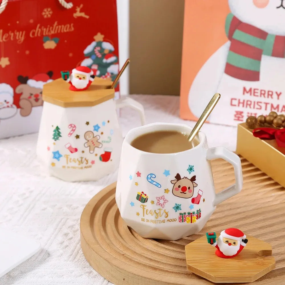 Christmas Ceramic Mug Lid Spoon Box Featuring Santa Claus Office Home