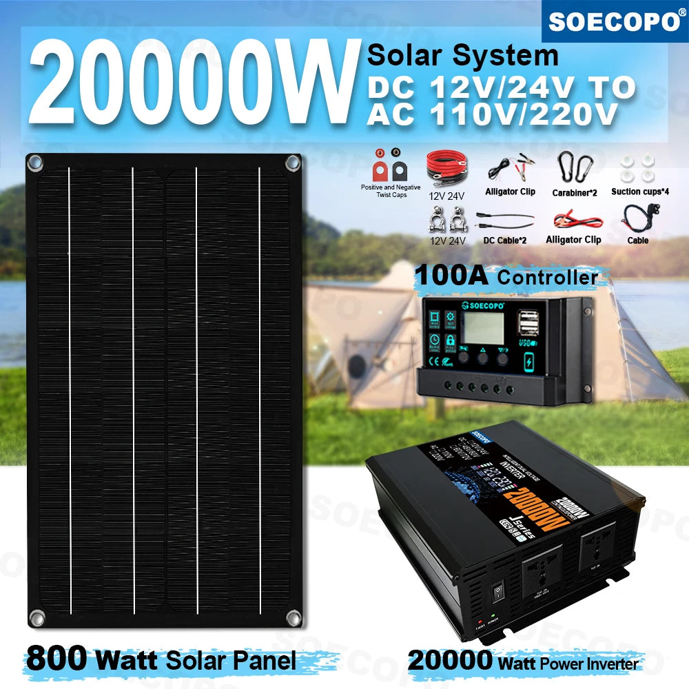 SOECOPO 20000W Full Solar System for Home Complete Kit 800W Panel, Dual - Voltage Input Inverter (2 Sockets), 100A Controller Zpaxo