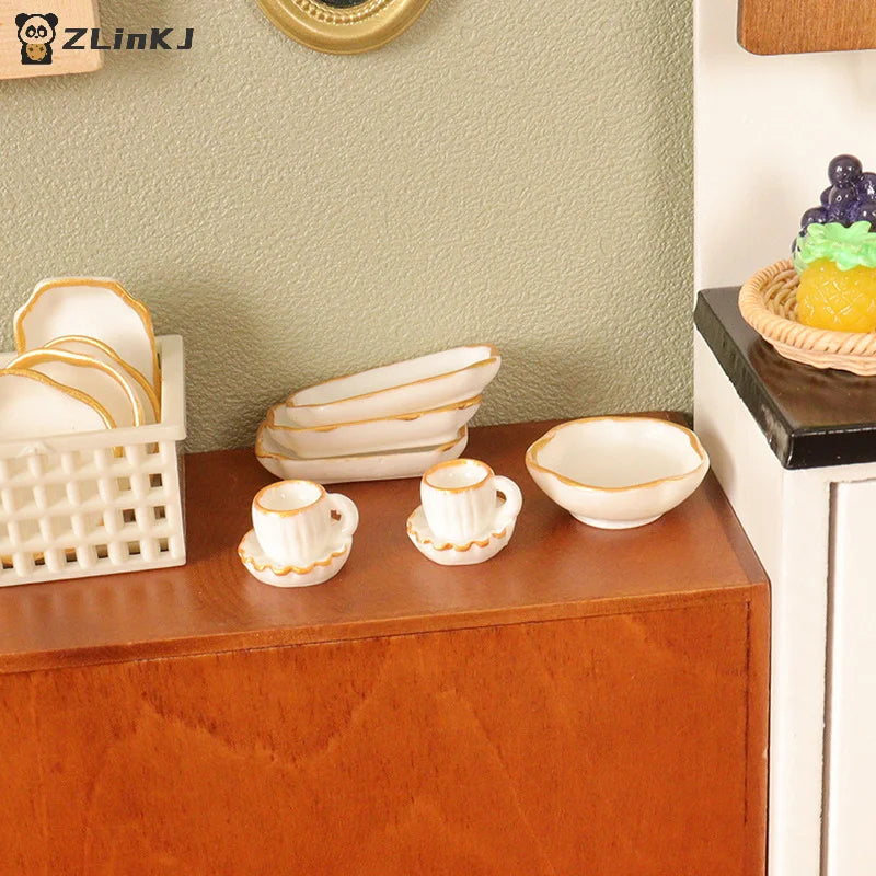 ▶1Set 1:12 Dollhouse Miniature Dinner Plate Coffee Cup Tray Bowl Dishes Kitchen Tableware Model Decor Toy Doll House Accessories Zpaxo