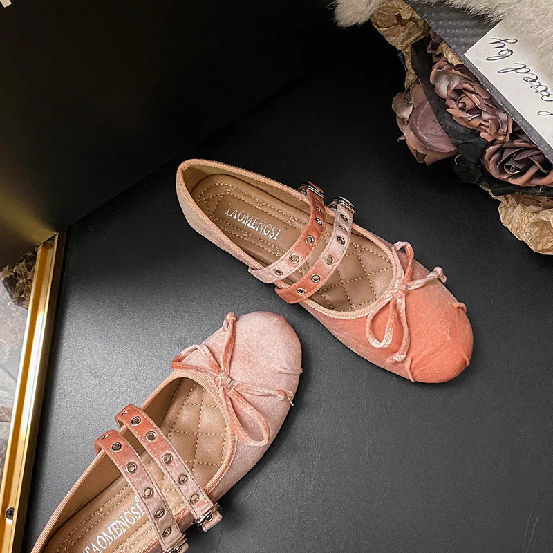 Flat Shoes for Women's Spring Autumn Ballet Shoes Mary Jane Velvet Round Toe Butterfly Bow Suede Plus Size Women's Shoes Zpaxo