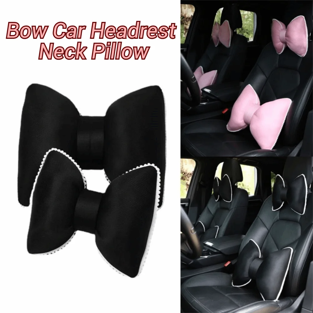 Bow Car Headrest Neck Pillow Pink Black Universal Breathable Zpaxo